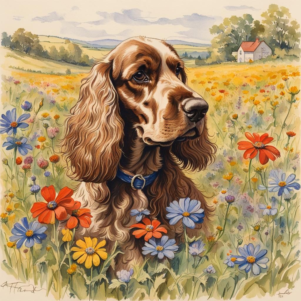 Cocker Spaniel in Wildflower Field, Tasha Tudor Style