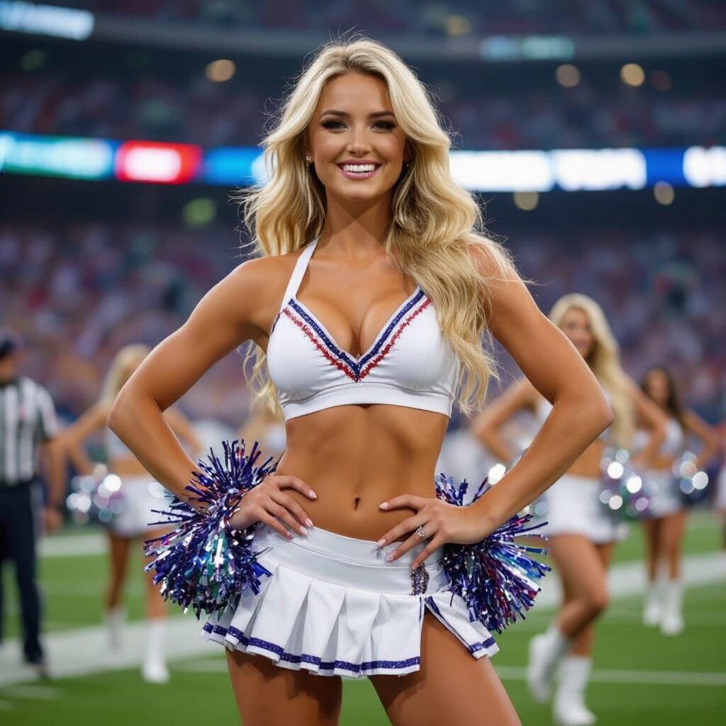 Blonde Cheerleader Twirling on Football Field