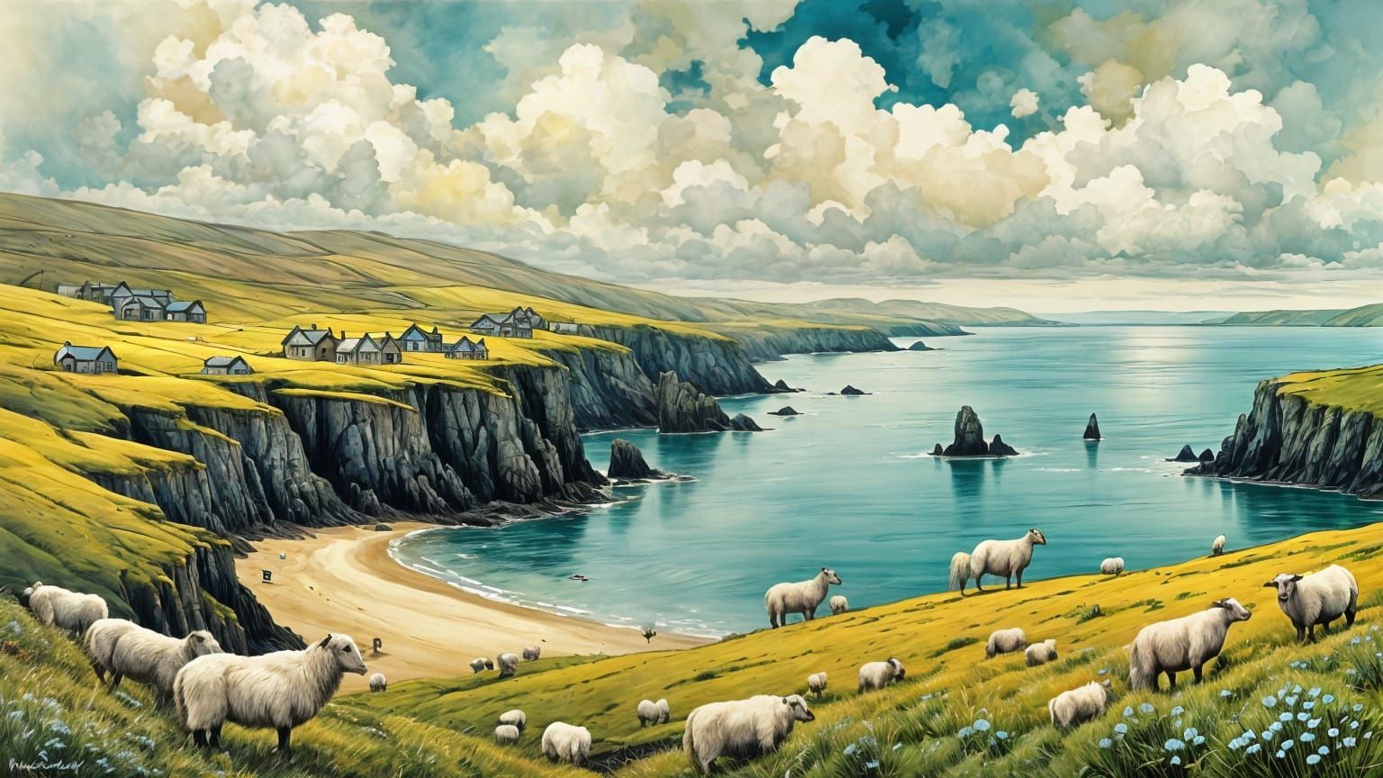 <lora:a past world flux:1.0> <lora:landscape world:1.0> A breathtaking, colorful landscape of the Shetland Isles, vibran...