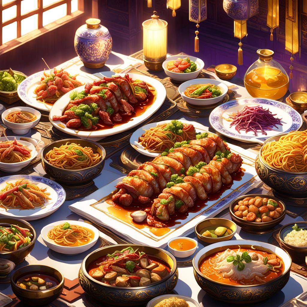 Elaborate Chinese Food Banquet in Dark Fantasy Style
