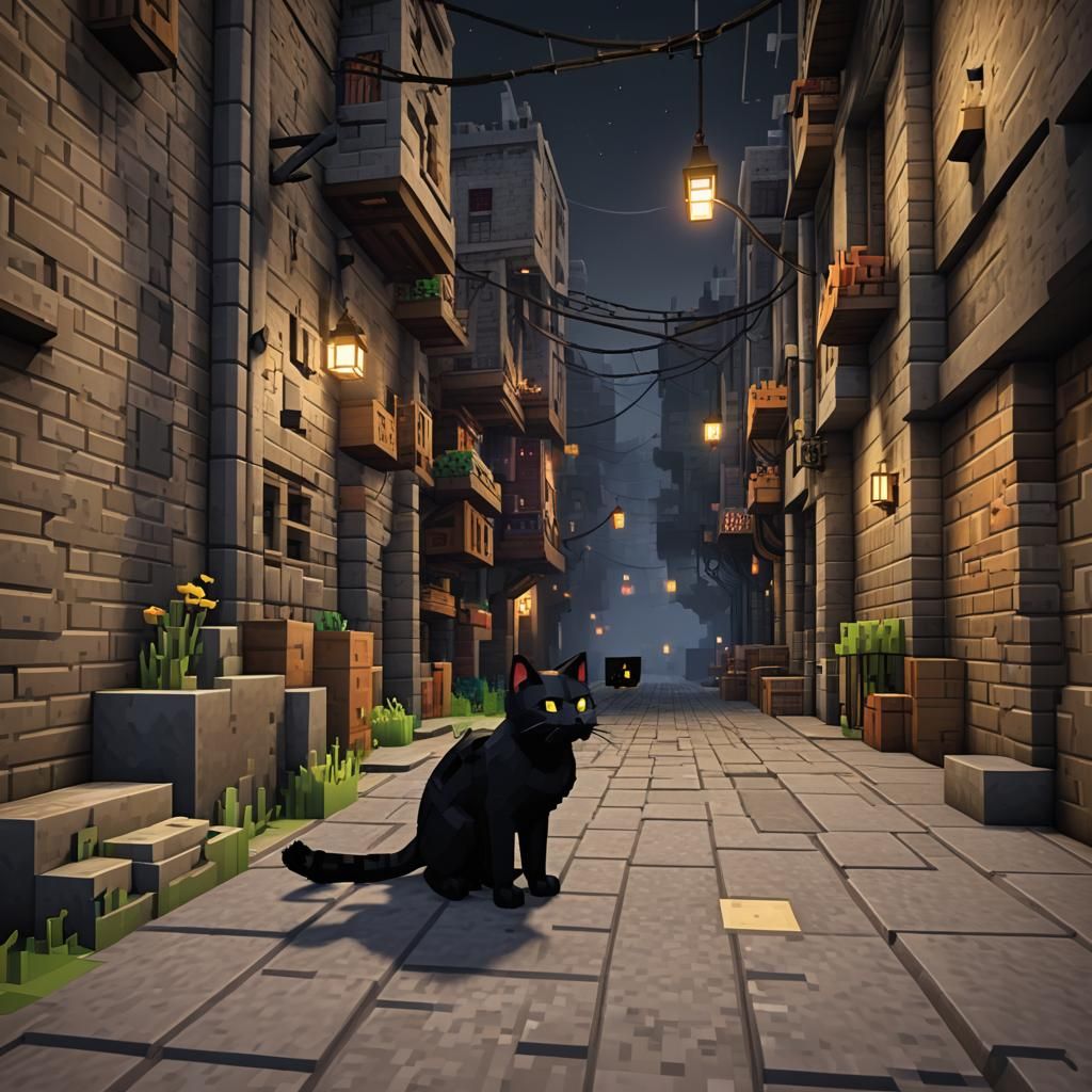Minecraft Cat Prowls Pixelated Alley at Night