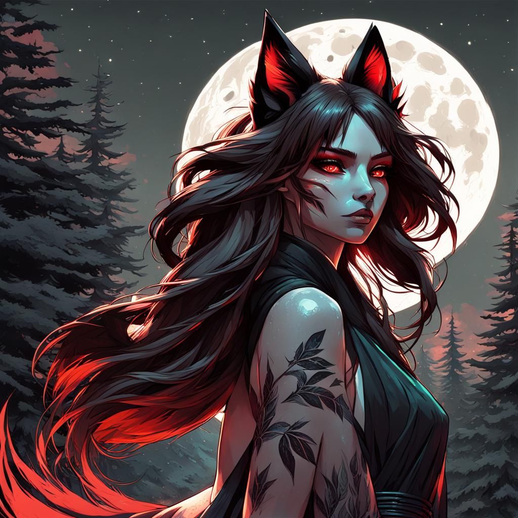 Fox Girl with Shortblade in Dark Forest, Digital Art