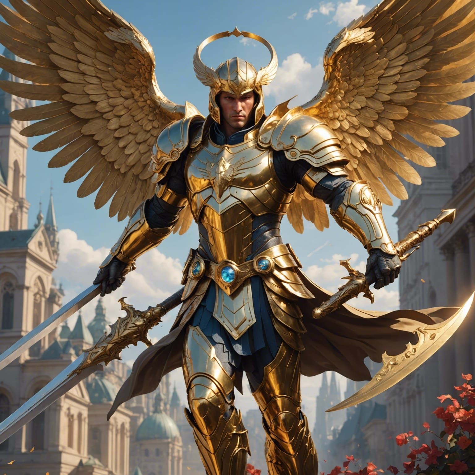 Archangel Michael in Golden Armor, Detailed Digital Art