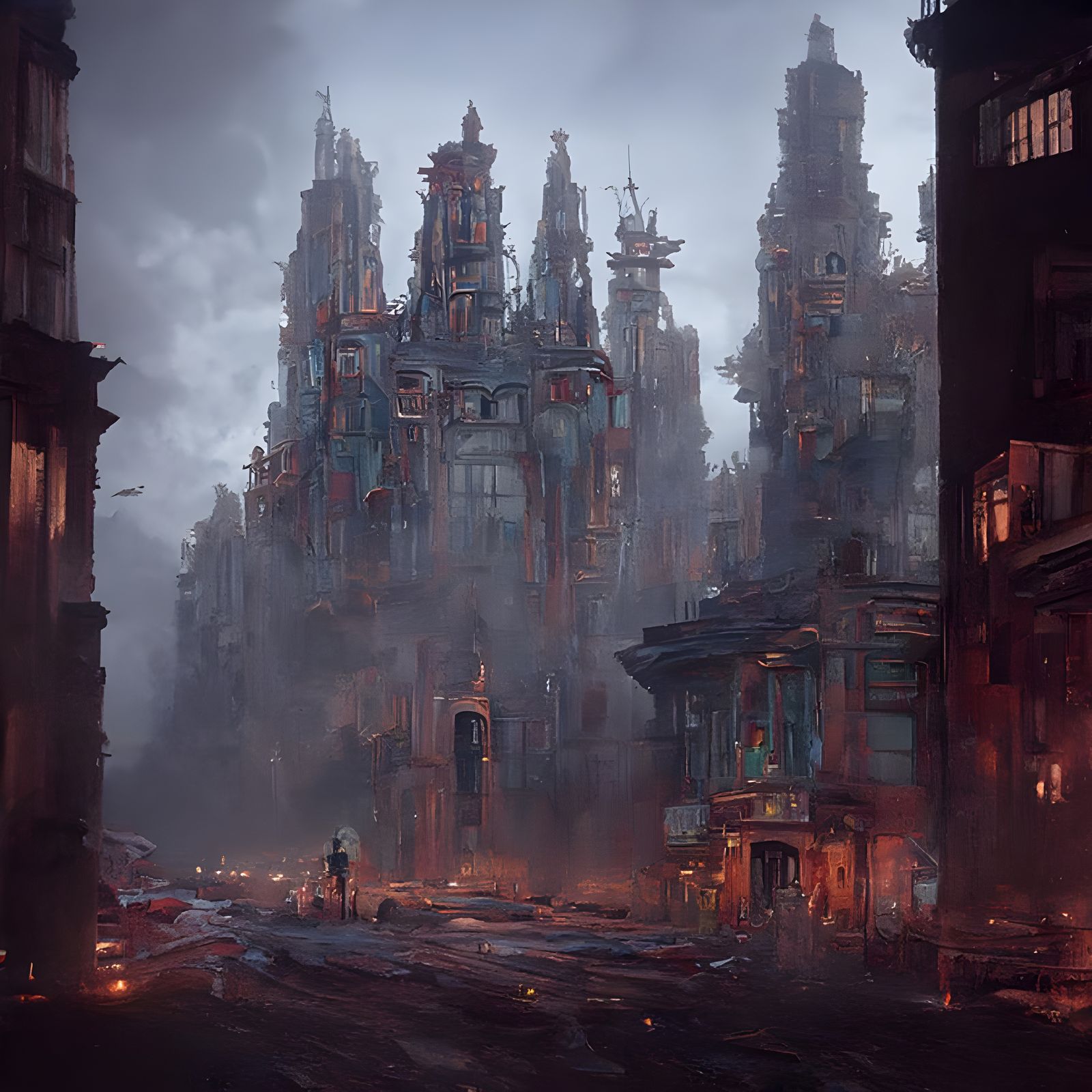 Lovecraftian Nouveau City Ruins: Oil Painting