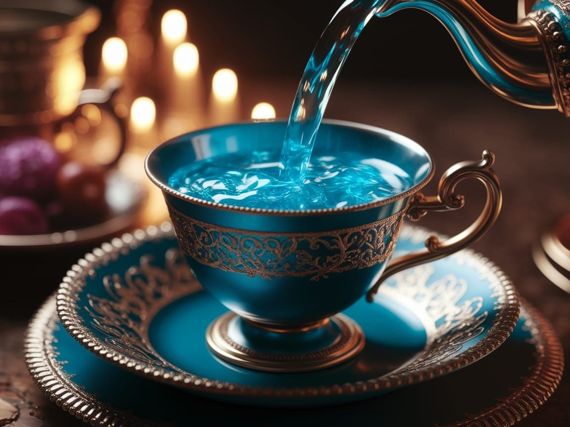 Golden Teacup Filled with Glowing Blue Liquid in Luxury Sett...