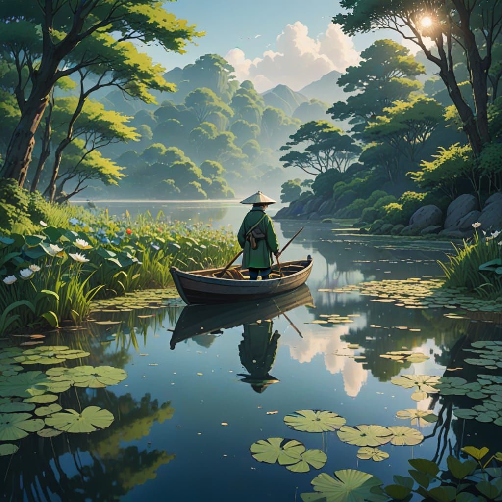 Shin hanga rainy season fisherman scenery