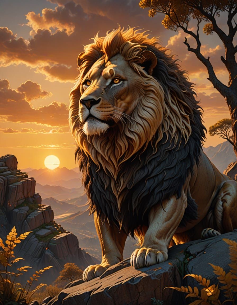 Golden Lion Portrait on Rocky Crag, Digital Art
