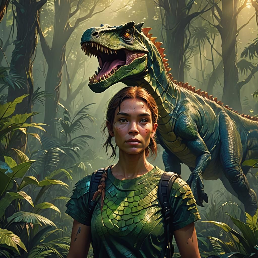 Dinosaur Woman in Prehistoric Forest: Digital Art