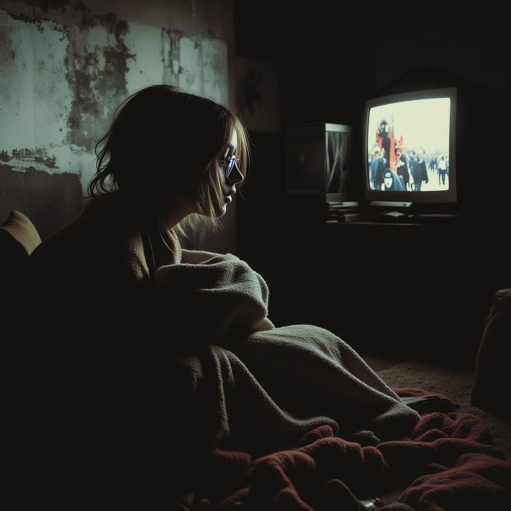 Woman Watches Protests on TV in Dark Room