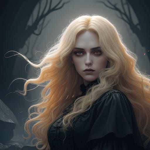 Gothic Romance Blonde Sits Under Iron Bridge at Night