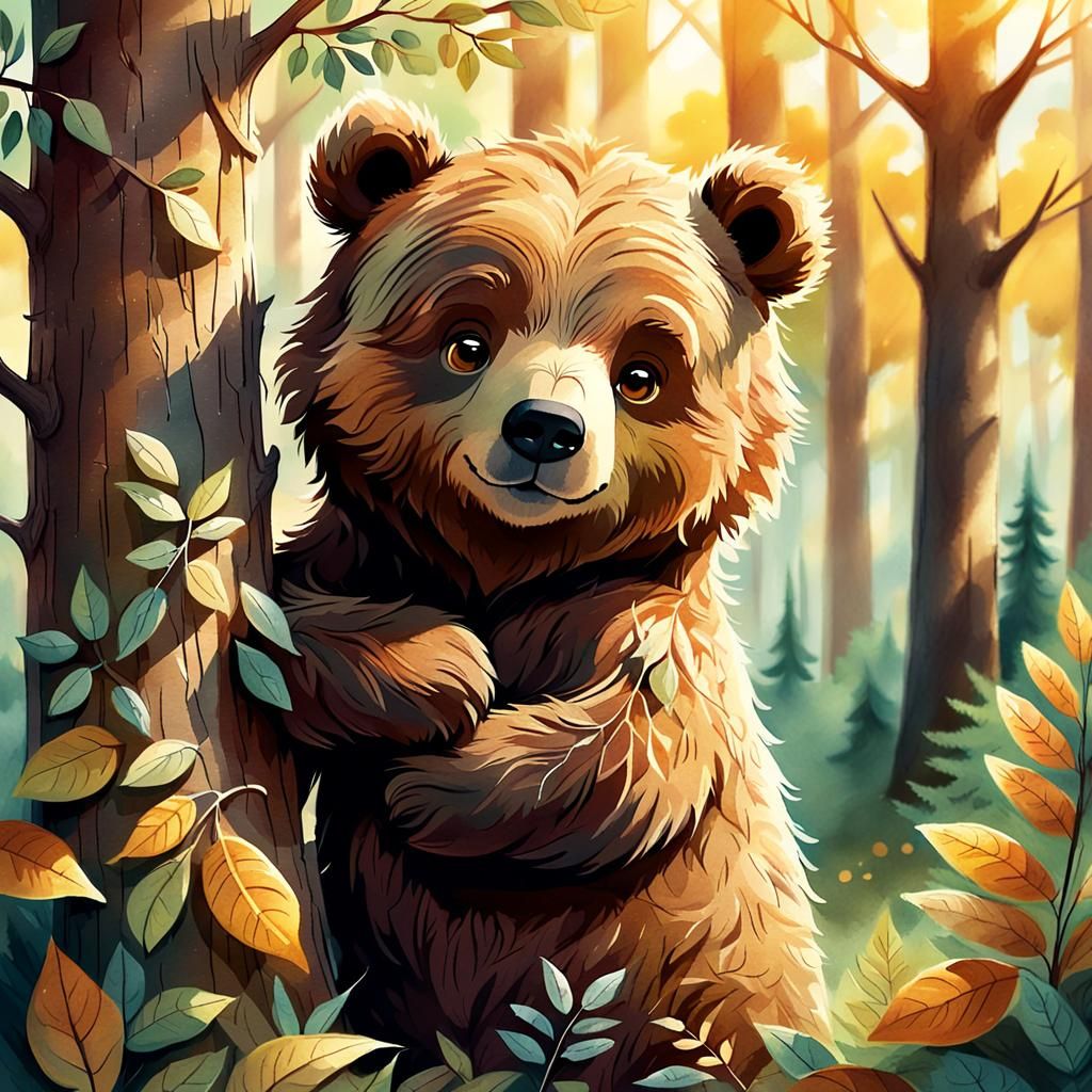 Cute Brown Bear Hugging Tree in Watercolor Style