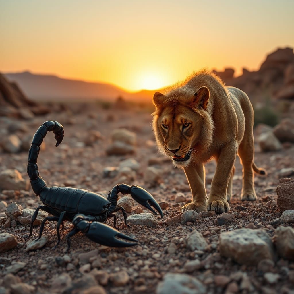 Lion and Scorpion in Rocky Desert Landscape