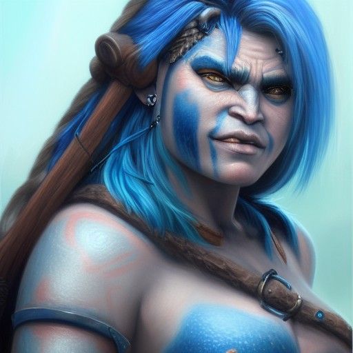 Beautiful Orc Barbarian with Blue Hair in Oil Painting