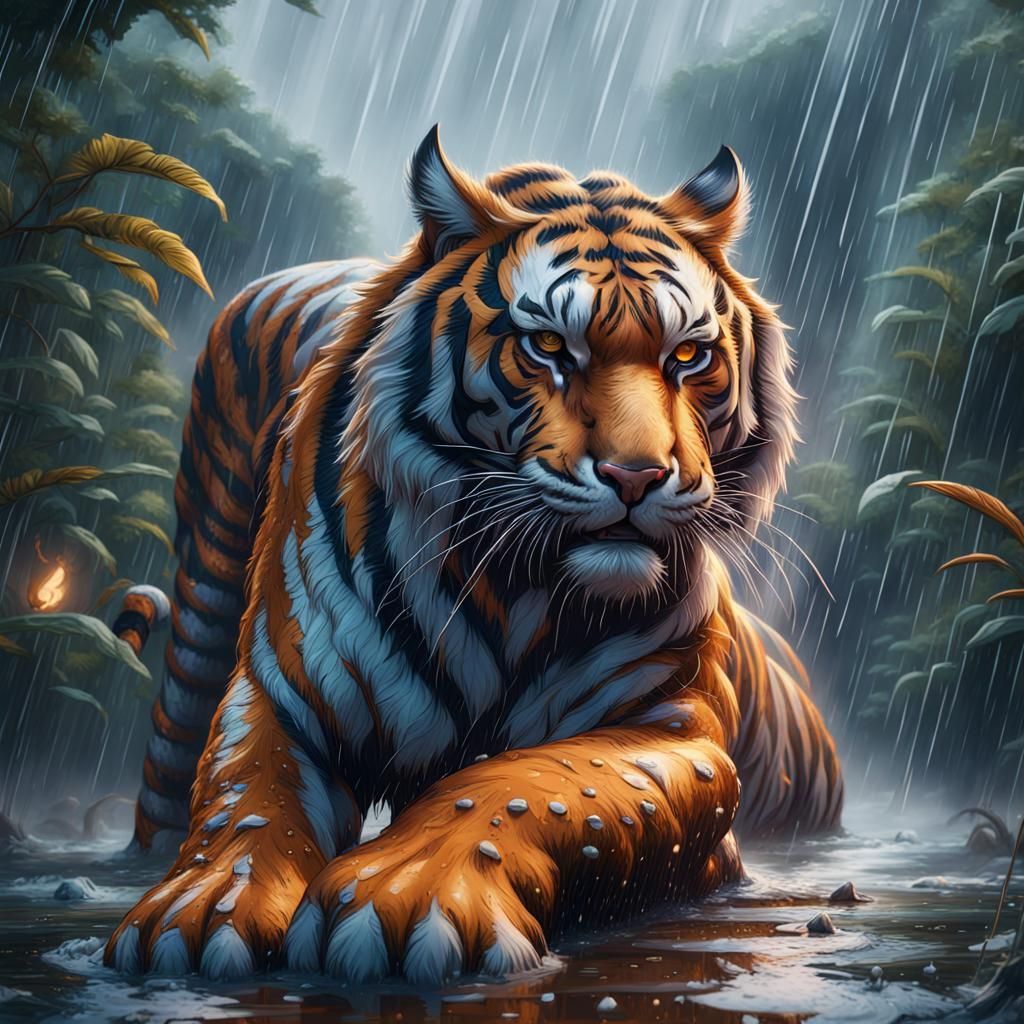 Tiger in Rain: Detailed Matte Painting