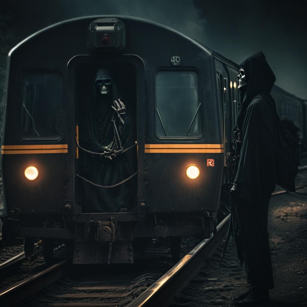 Grim Reaper Awaits Train: Cinematic Film Still