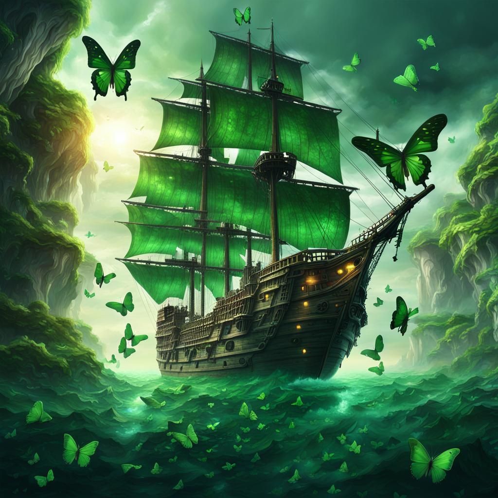 Butterfly-Lifted Pirate Ship in Digital Matte Painting