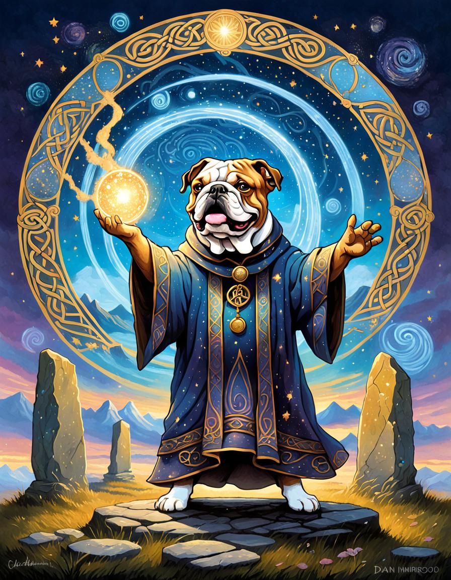 Wizard Bulldog Casting Spell in Art Nouveau Style
