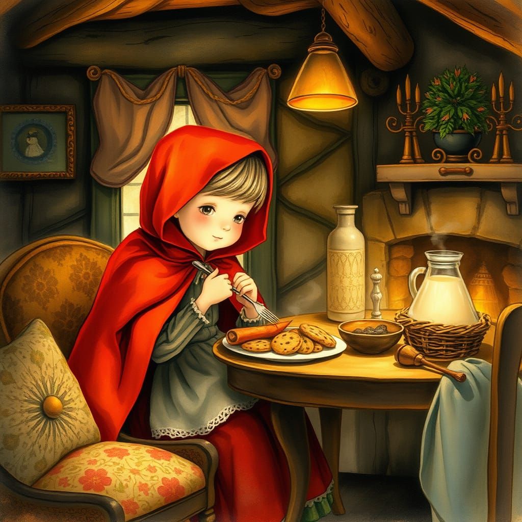 Whimsical Grandma's Cottage Scene with Red Riding Hood