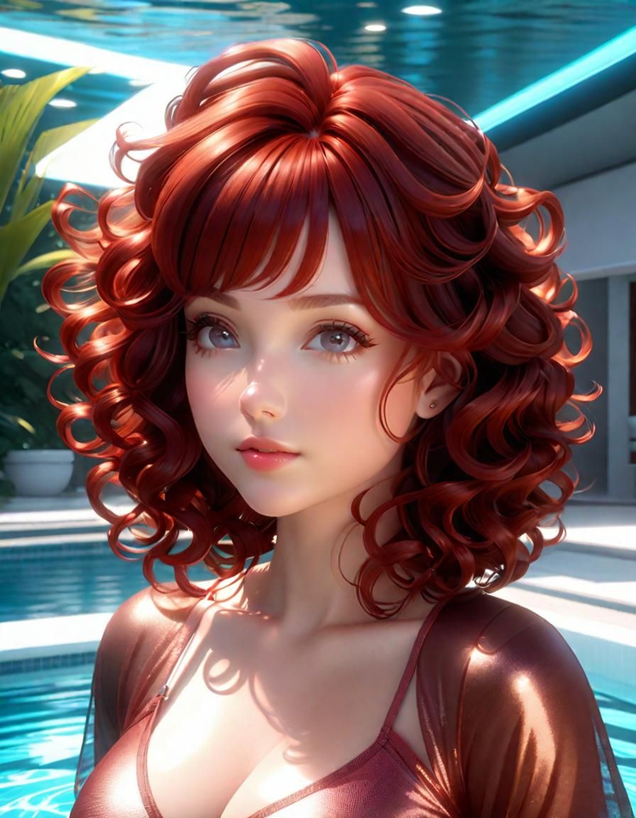 Beautiful Brunette in Pool, Realistic Anime Style