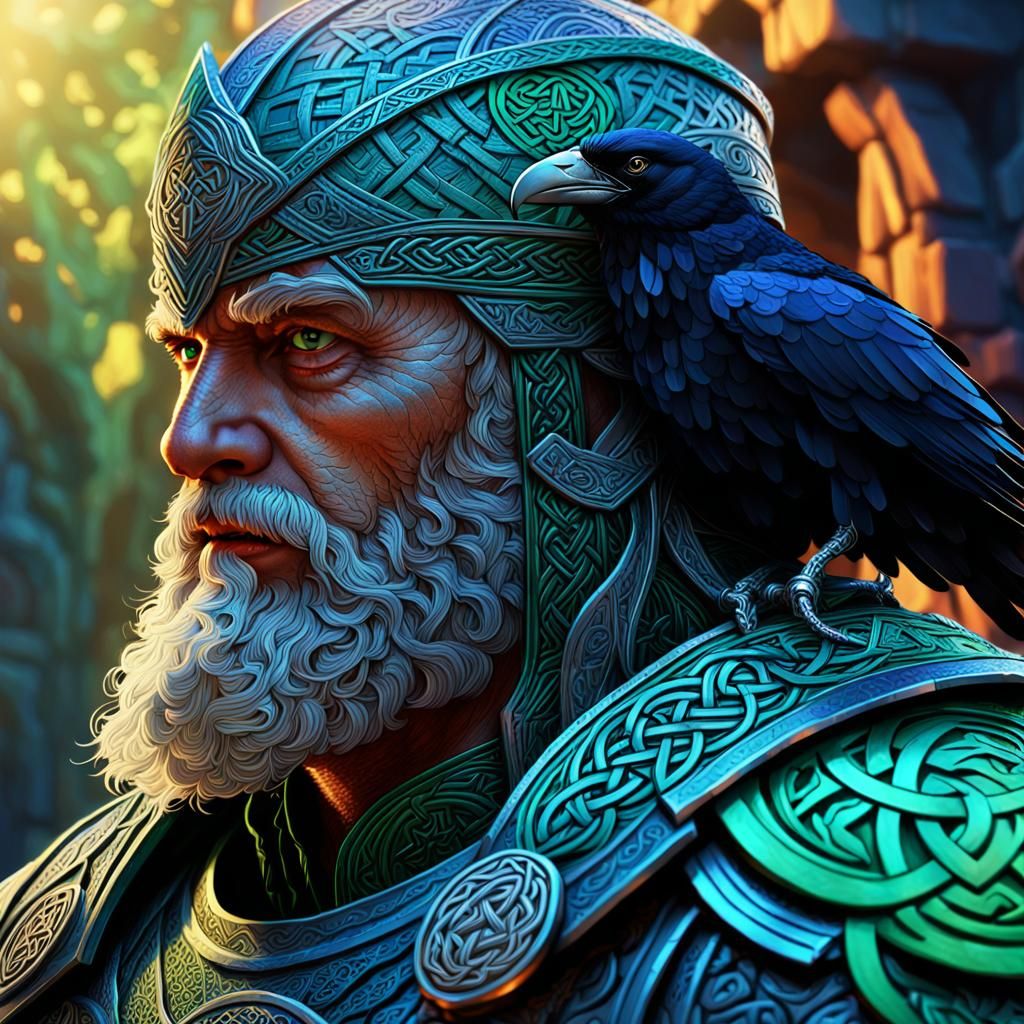Odin Portrait with Raven in Celtic Fantasy Art
