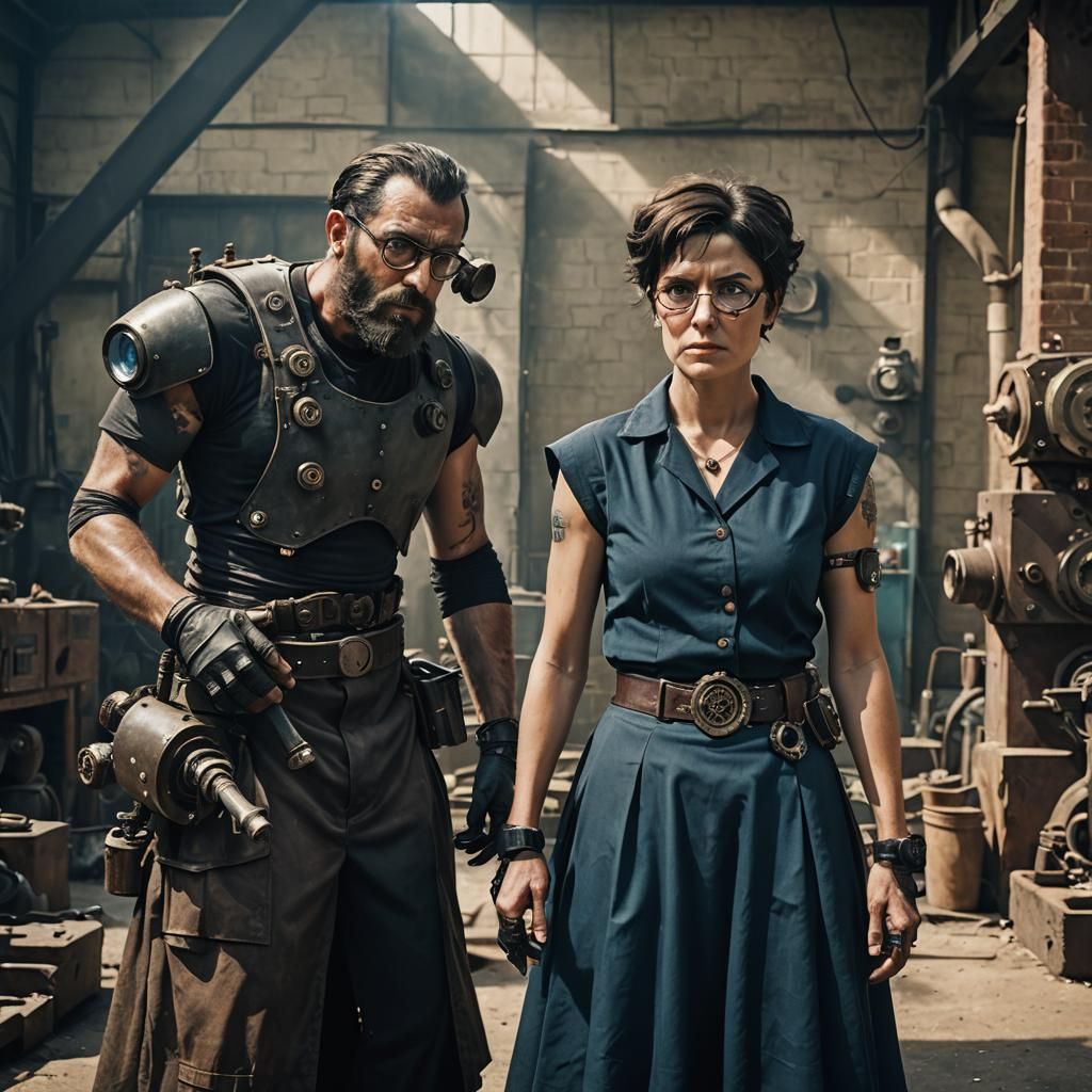 Steampunk Mechanic with Prosthetic Limbs in Workshop