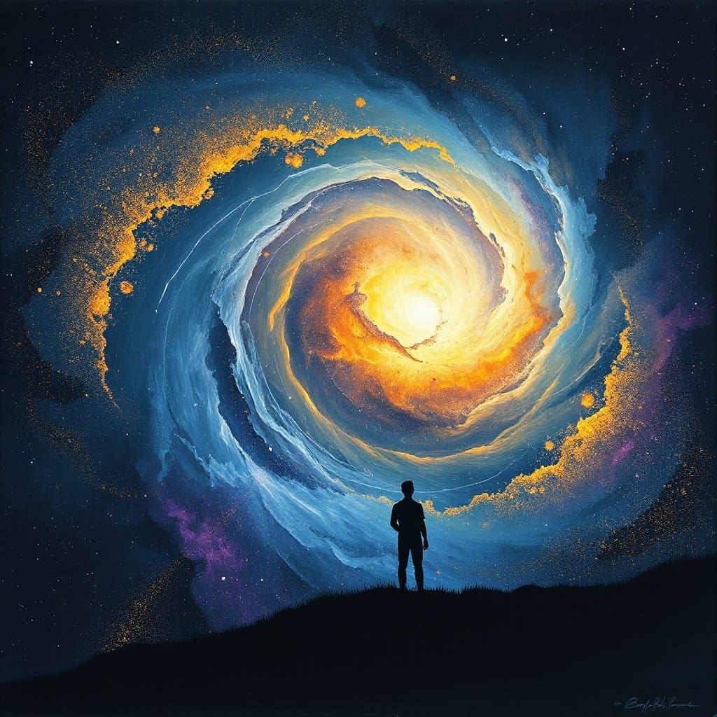 Surreal Cosmic Nebula With Listening Figure