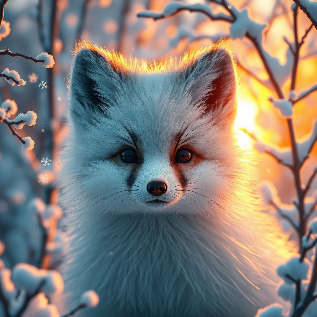 Baby Arctic Fox Portrait in Winter Sunrise