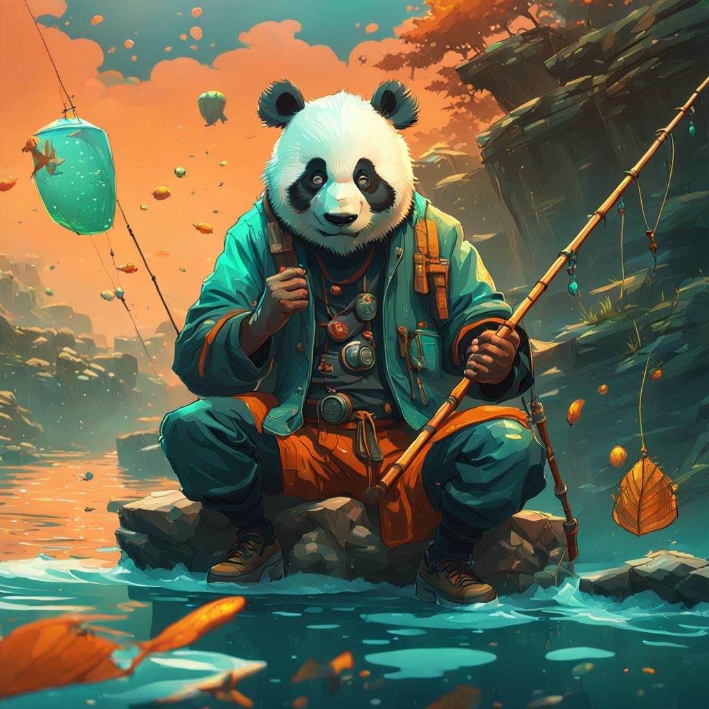 Panda Fisherman Concept Art in Japanese Style