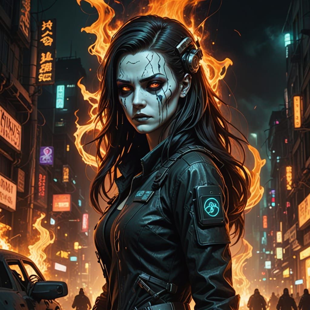 Cyberpunk Goddess Amidst Dark Urban Hues