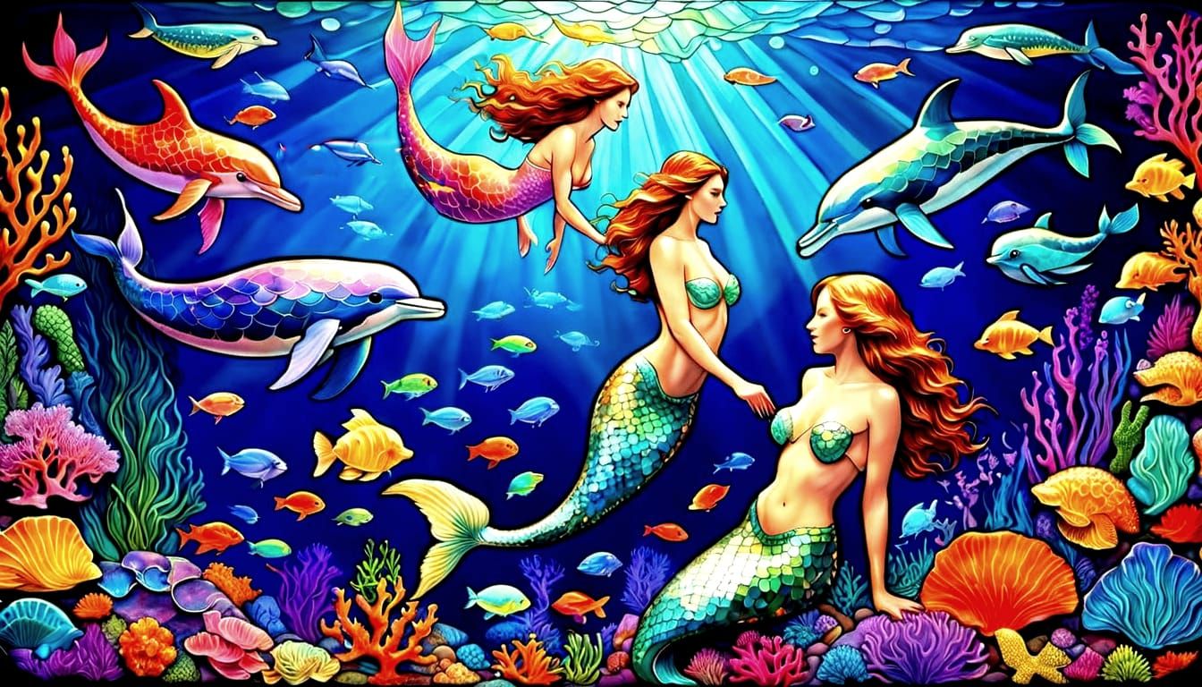 Vibrant Stained Glass Mermaids Swim in Bioluminescent Ocean