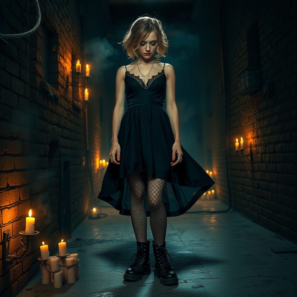 Gothic Woman in Dimly Lit Alleyway