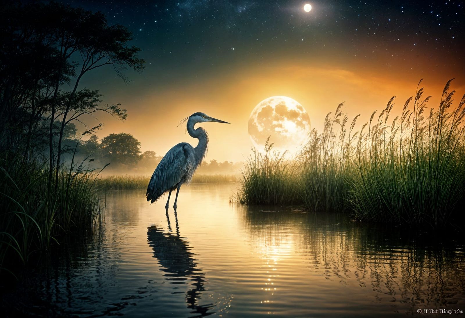 Ethereal Heron Silhouette in Moonlight Fantasy