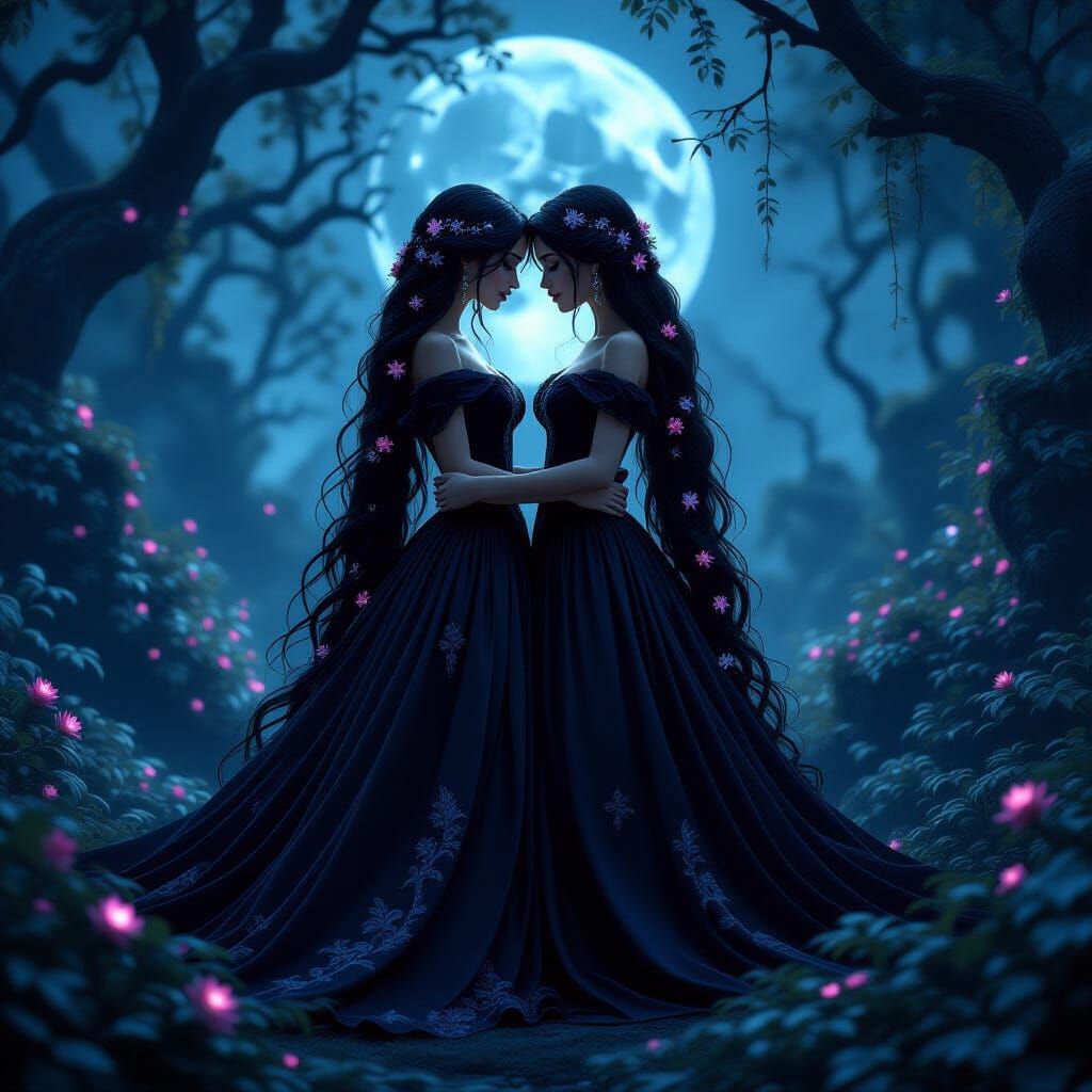 Dark Rapunzel and Aurora in Moonlit Enchanted Forest