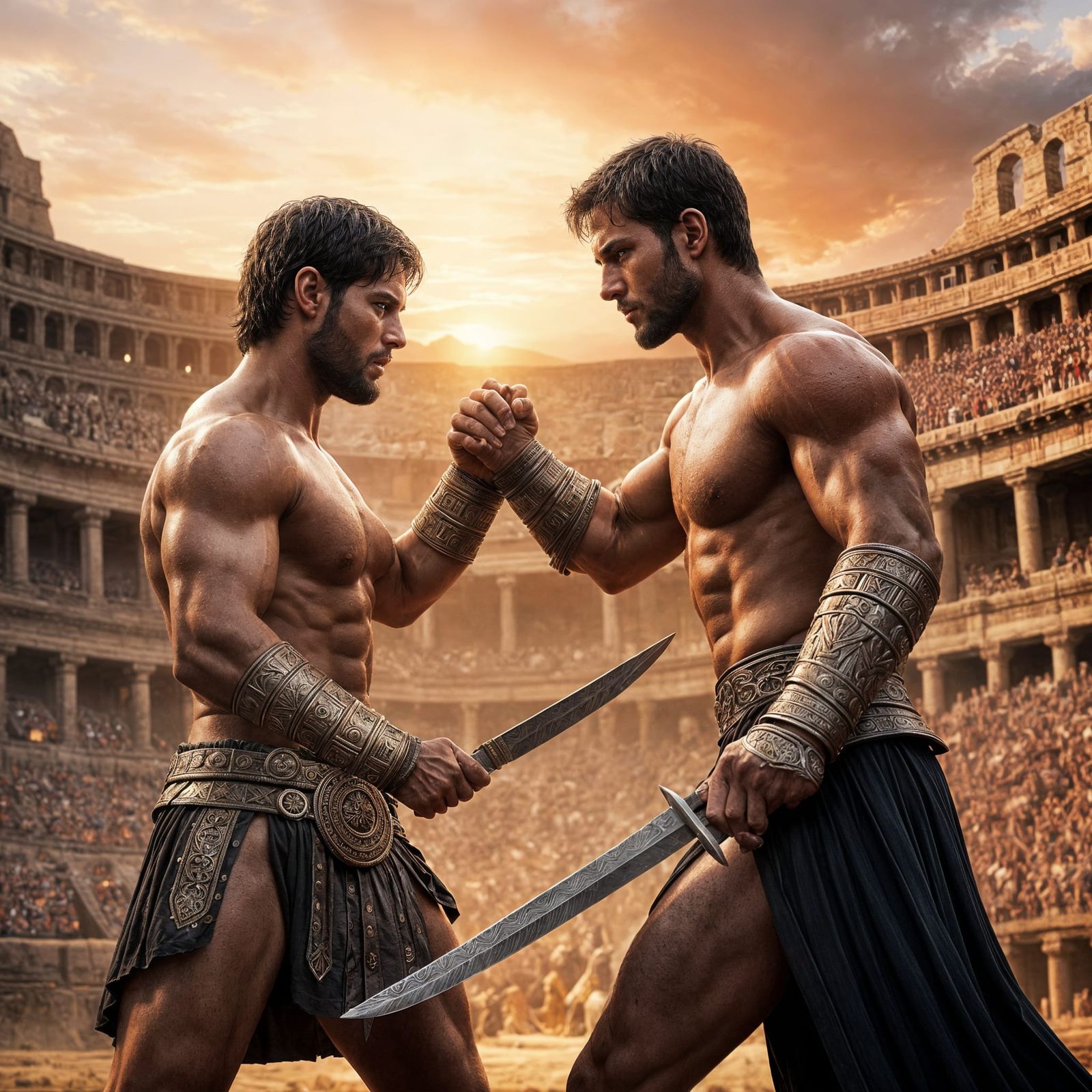 Muscled Gladiators Clash in Ancient Sunset Arena