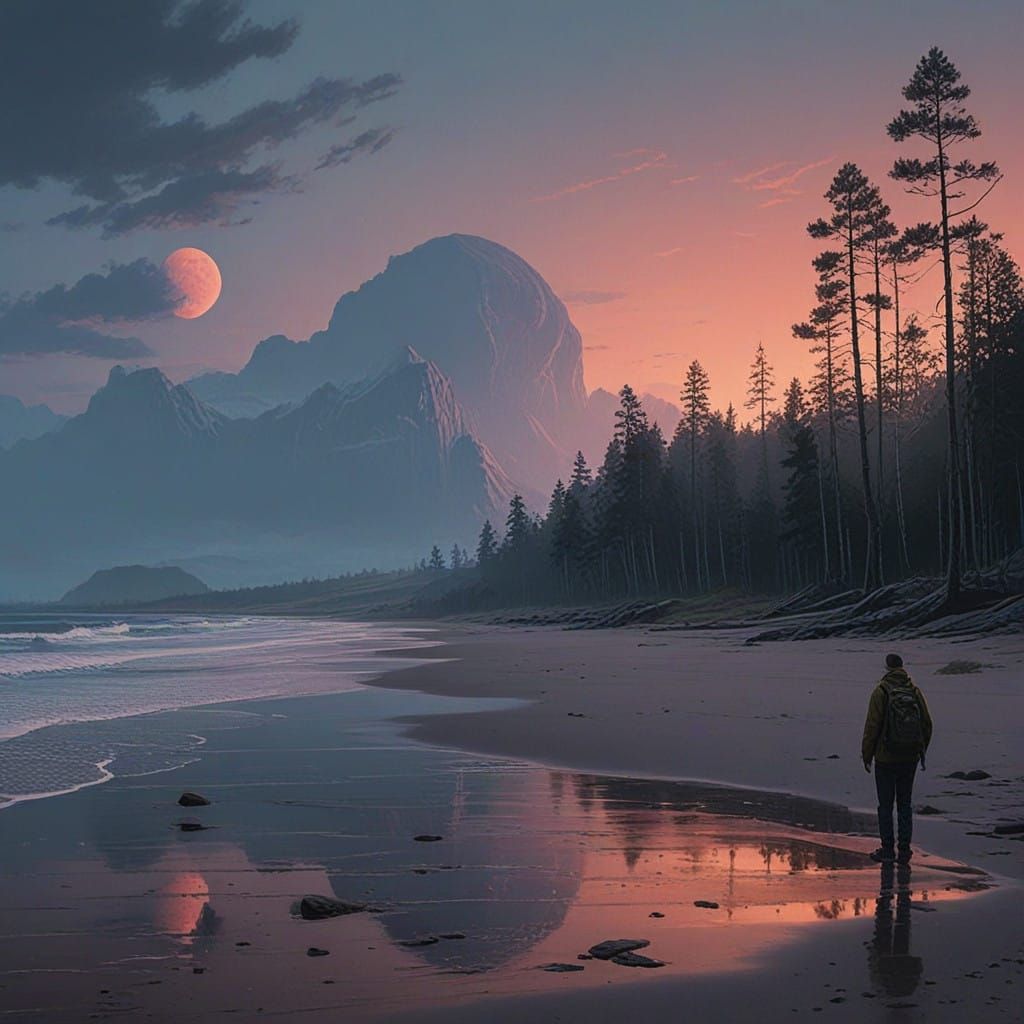 Man Contemplates Solitude at Day-Night Beach