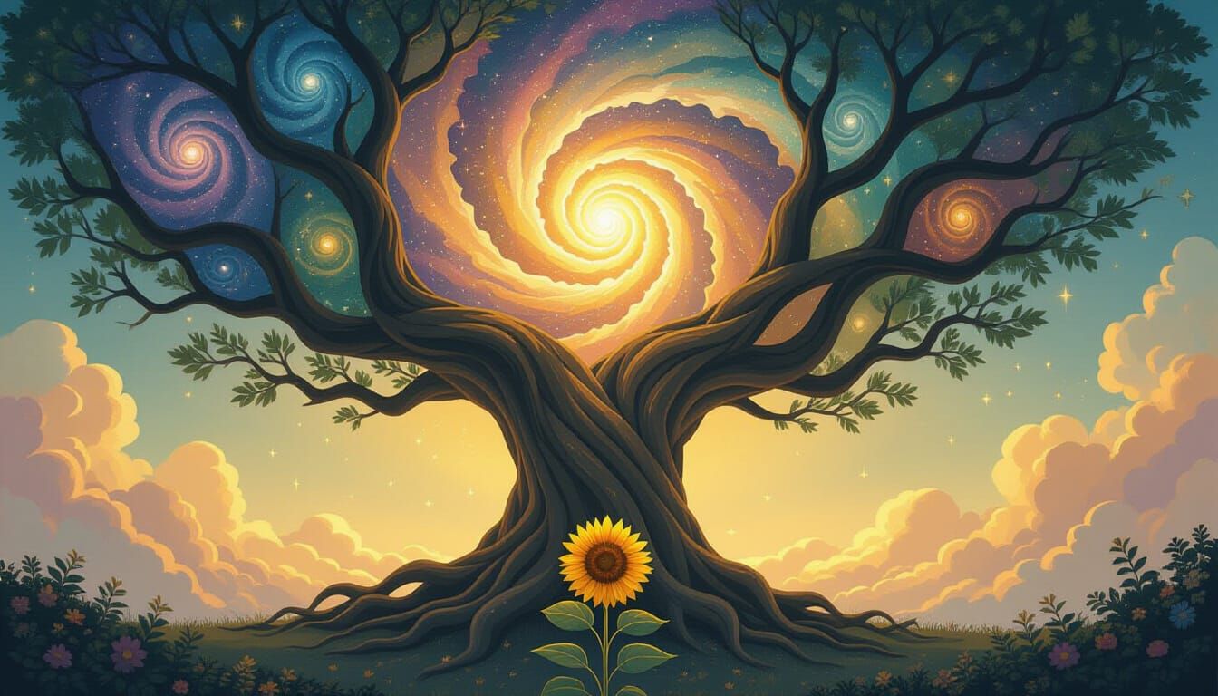 Cosmic Galaxy Tree Blooms Beside Luminous Sunflower