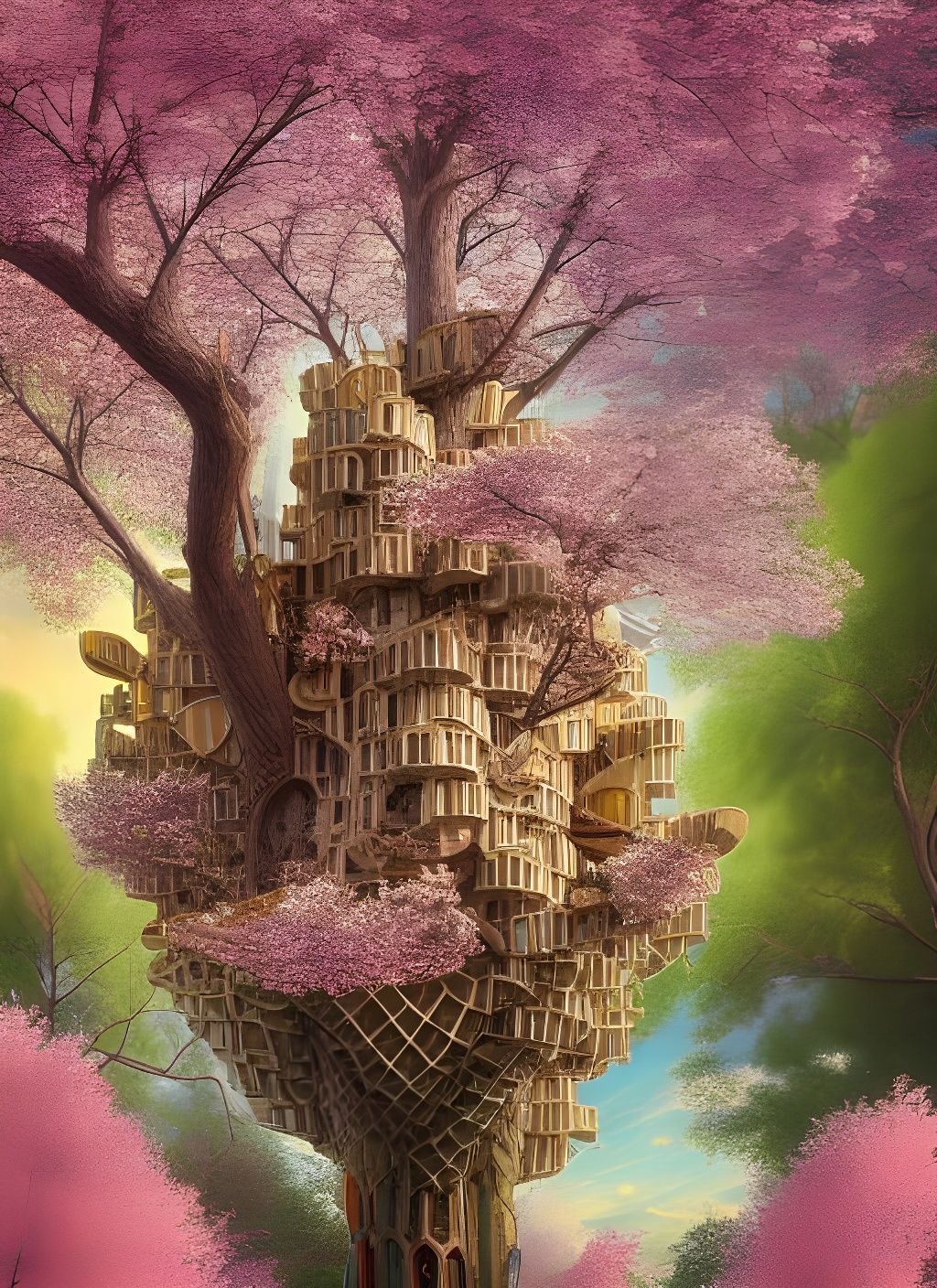 Futuristic Gothic Treehouse in Cherry Blossom Tree