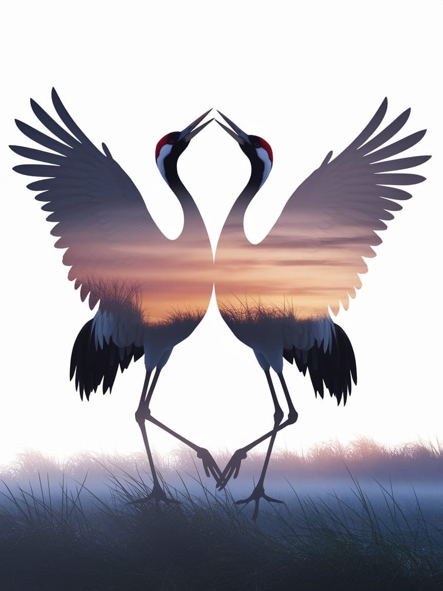 Cranes Dance in Morning Mist on a Grassy Marsh in Vibrant Do...