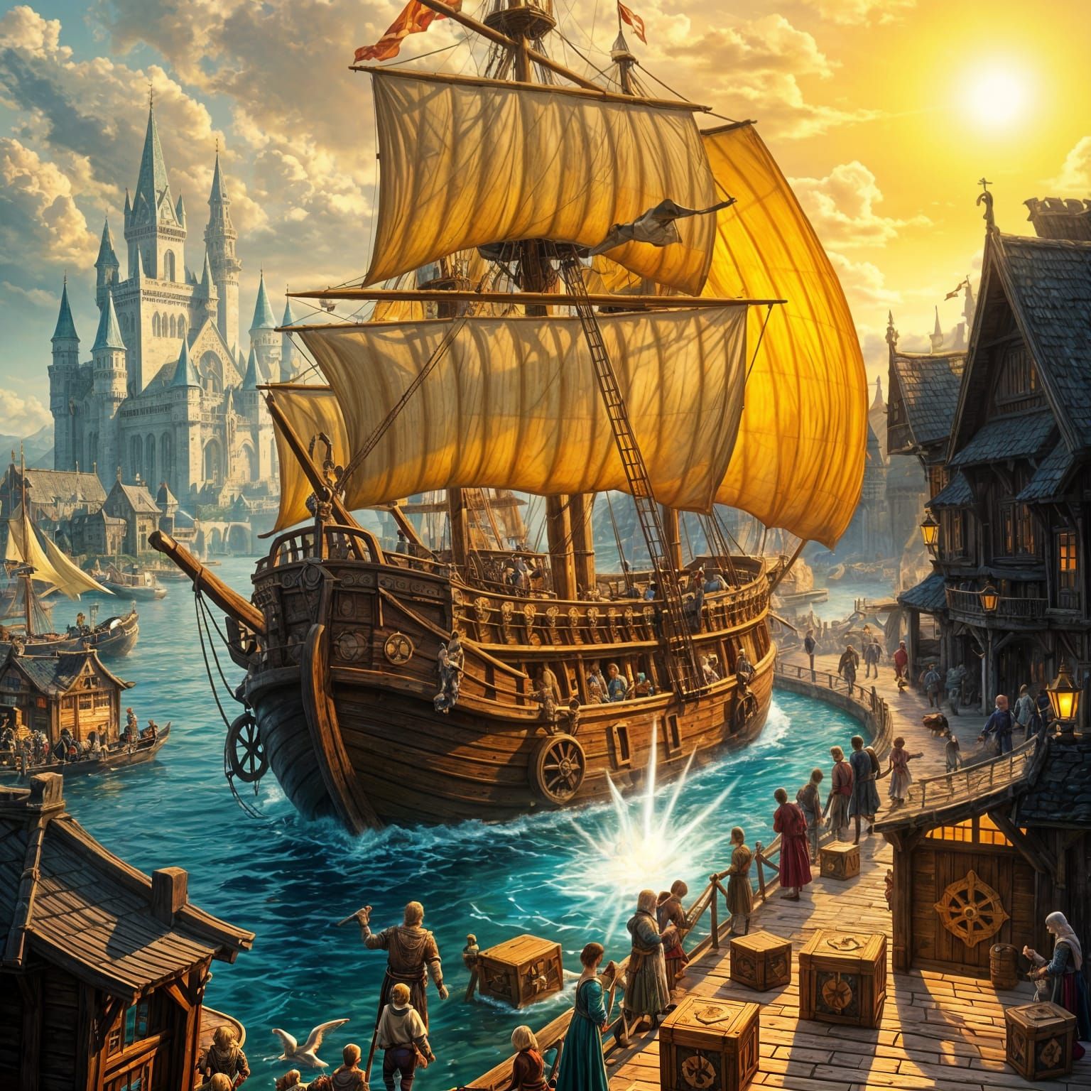 Medieval Trade Ship in Fantasy Kingdom Harbor