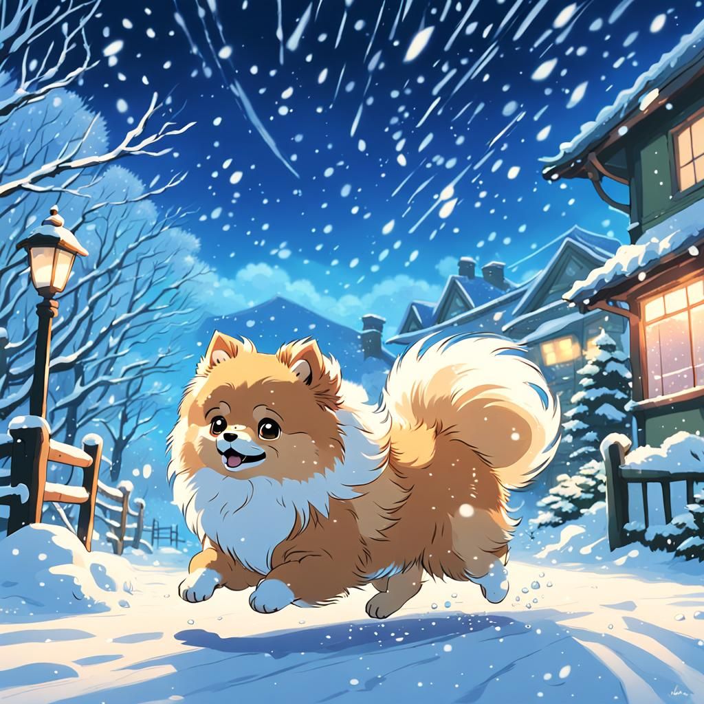 Pomeranian Chasing Snowflakes in Anime Style