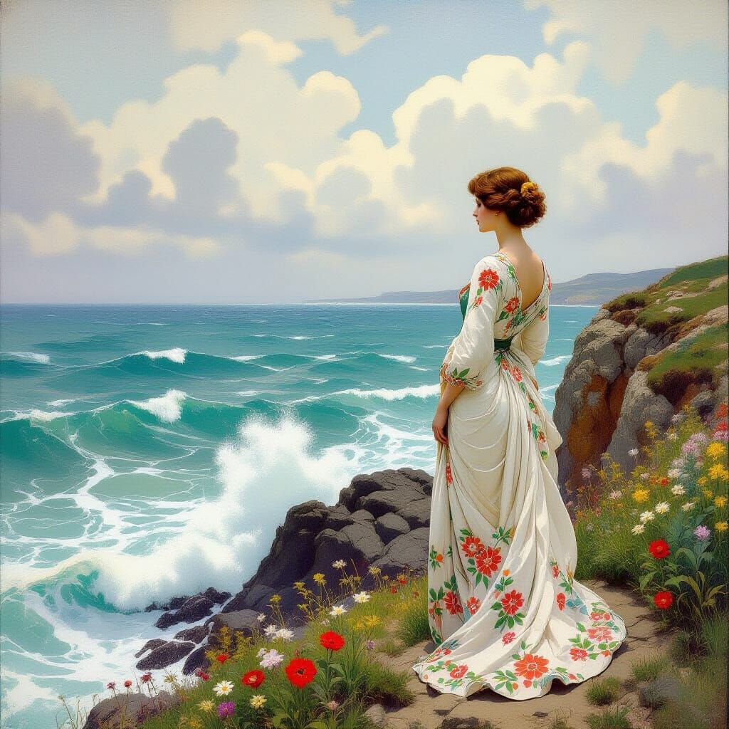 Woman Gazing at Turbulent Seascape in Art Nouveau Style