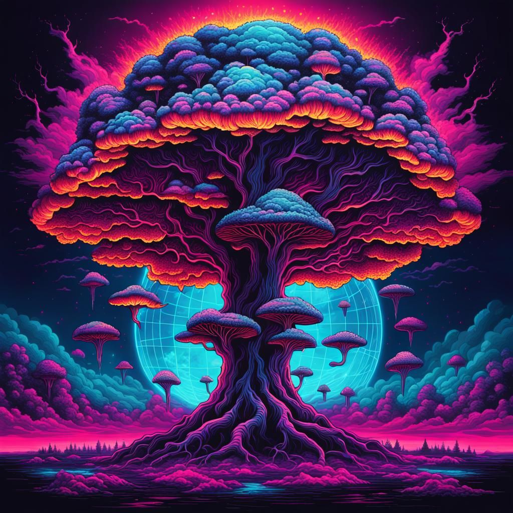 Esoteric World Tree Nuclear Cloud in Synthwave Style