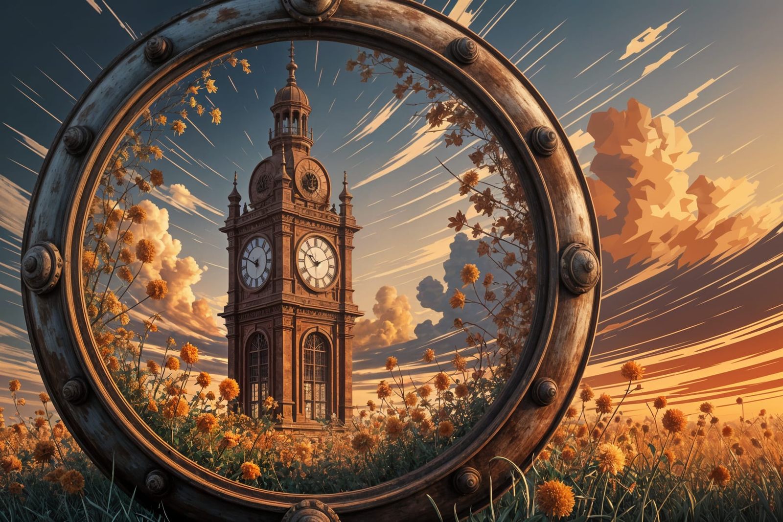 Rusty Clock Tower Inside Afremov-Style Frame