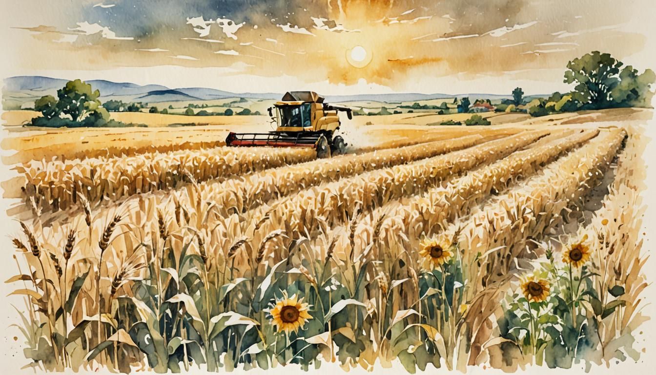 Combine Harvester in Wheat Field: Watercolor Impression