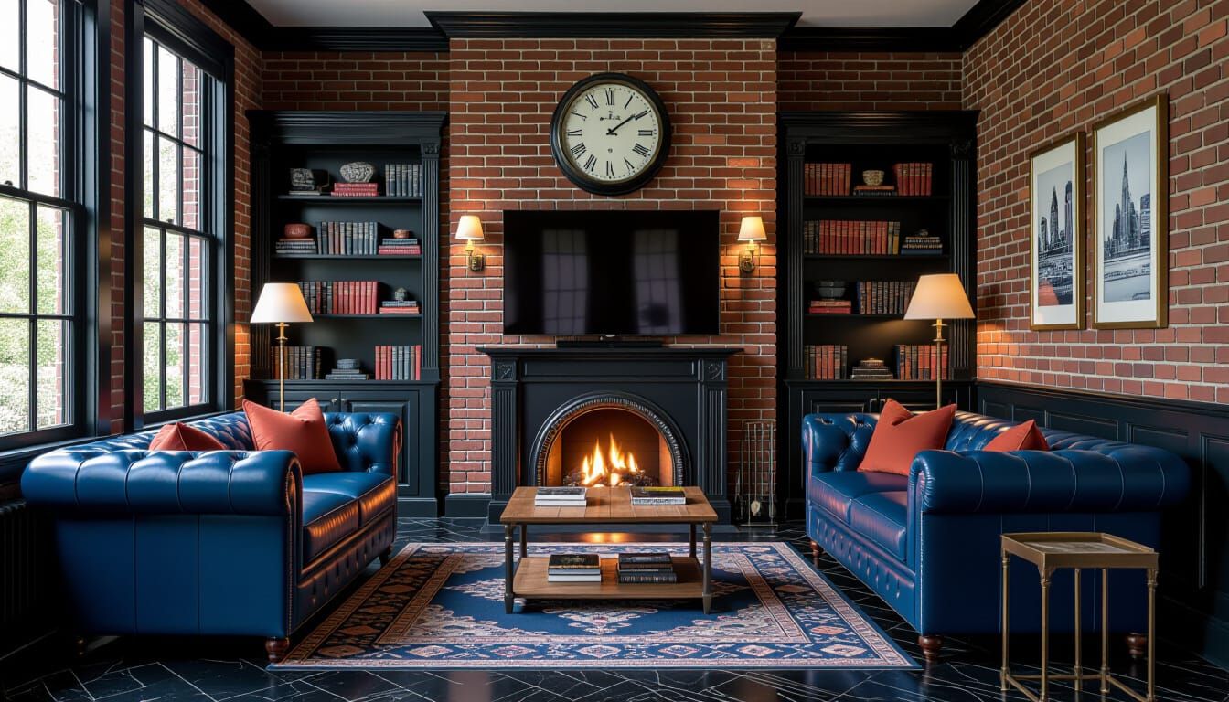 Victorian Living Room with Dark Blue and Brick Accents
