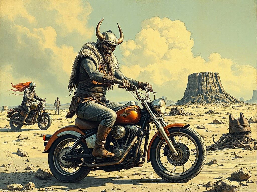Post-Apocalyptic Zombie Viking Motorcycle Rider in Wasteland...