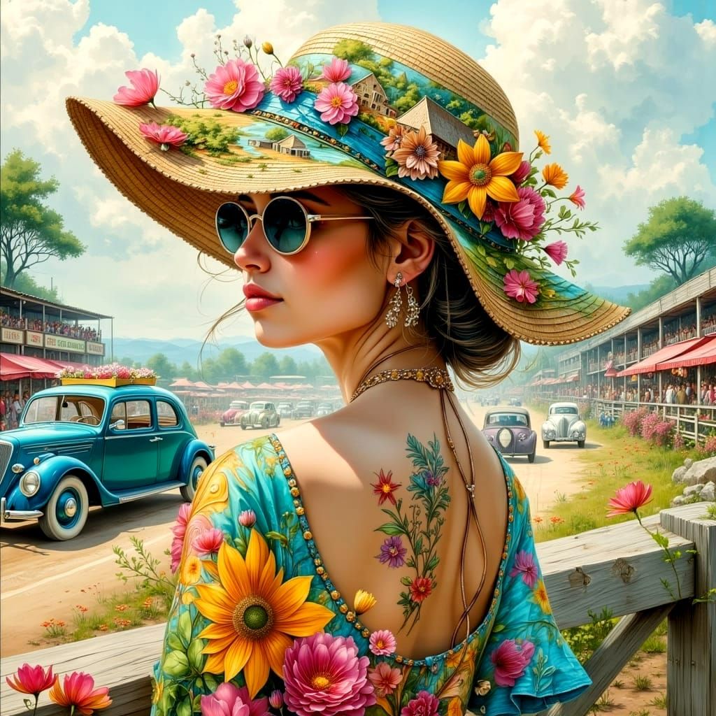 Stylish Lady with Village Hat at Car Race