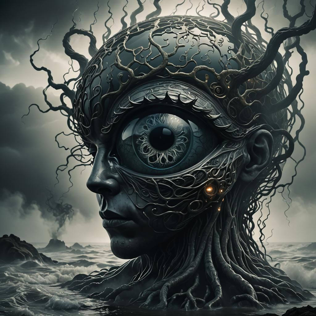 Glass 'A' with Eye and Brain in Dark Fantasy Style