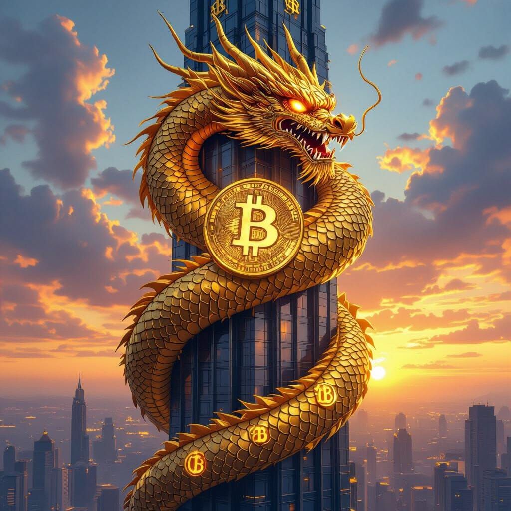 Golden Dragon Wrapped Around Skyscraper, Digital Art