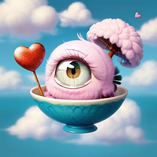 Surreal Chibi Eye with Hearts and Pink Cockatoo